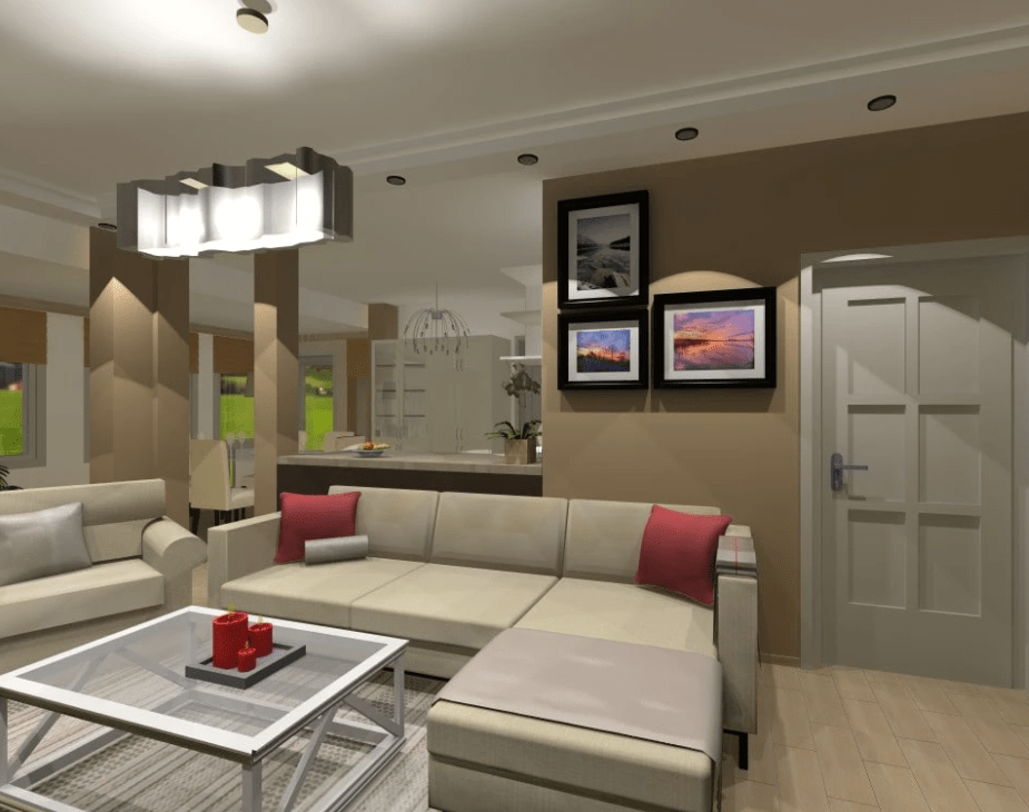 Illusztráció - Egy Zala vármegyei vidéki családi ház nappali-konyha-étkező helyiségeiről készült 3D látványterv Illusztráció - Egy Zala vármegyei vidéki családi ház nappali-konyha-étkező helyiségeiről készült 3D látványterv