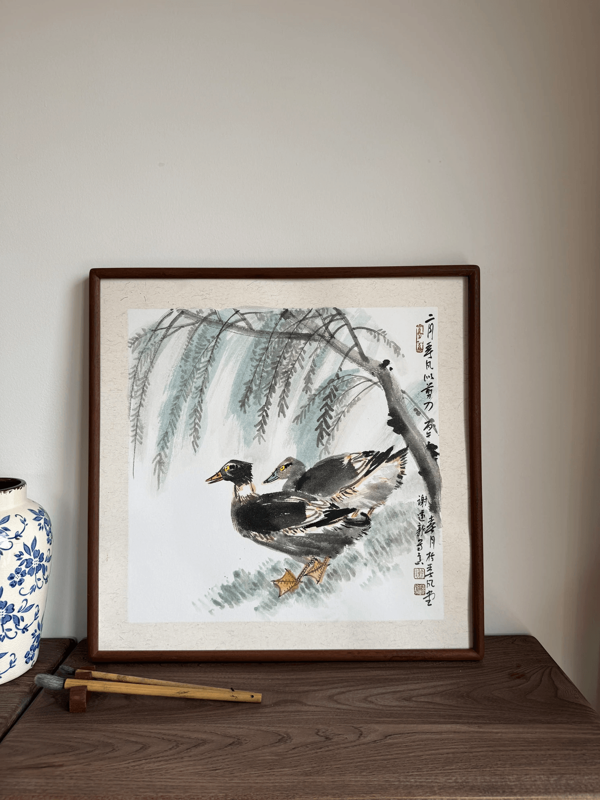 《柳岸双栖》画家谢远新教授原创手绘国画作品