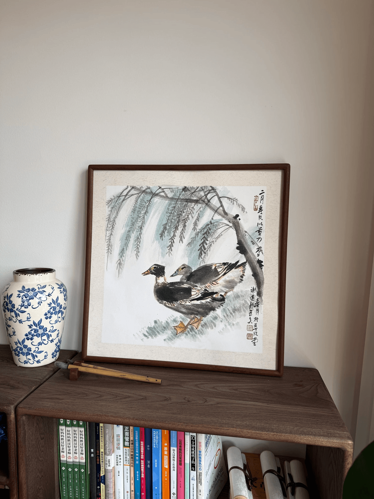 《柳岸双栖》画家谢远新教授原创手绘国画作品