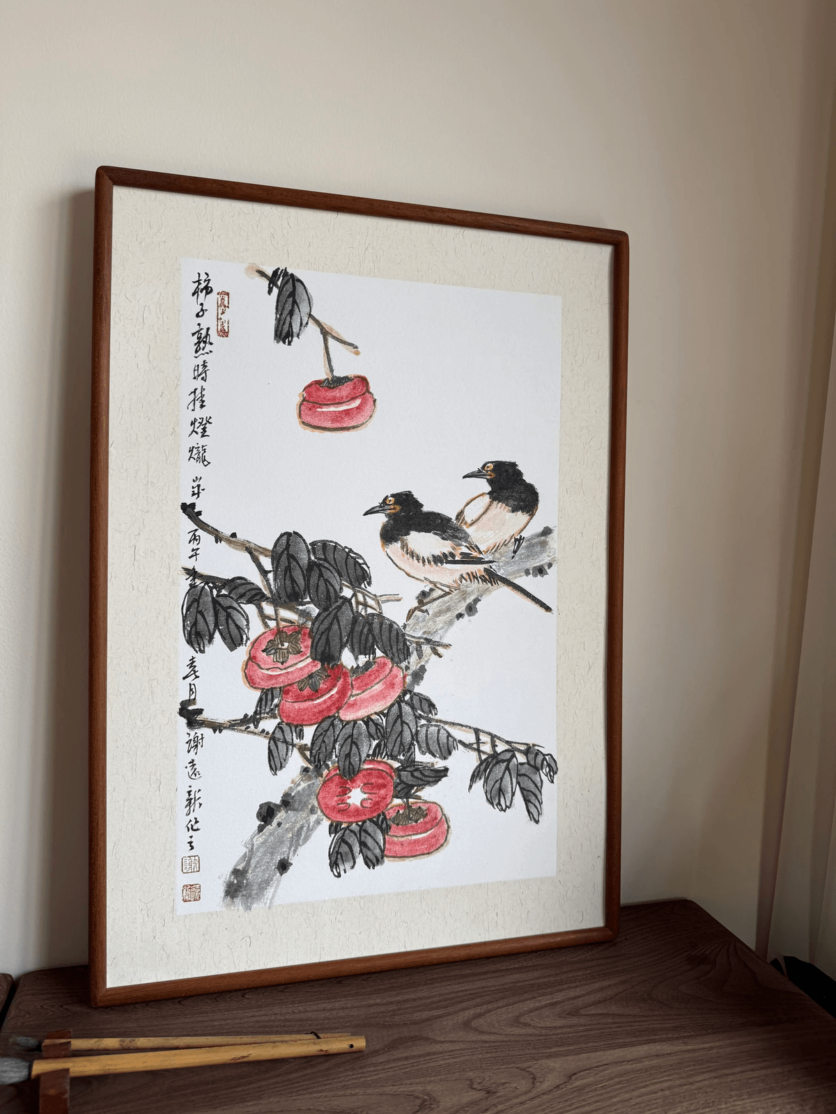 《秋枝双栖》谢远新教授原创手绘国画作品