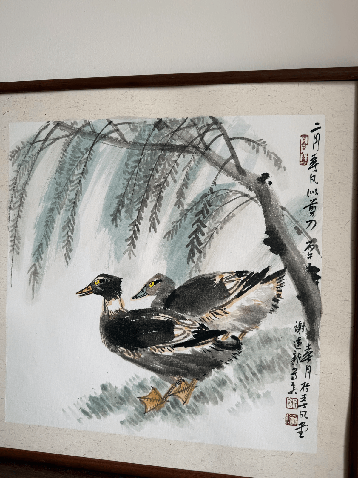 《柳岸双栖》画家谢远新教授原创手绘国画作品