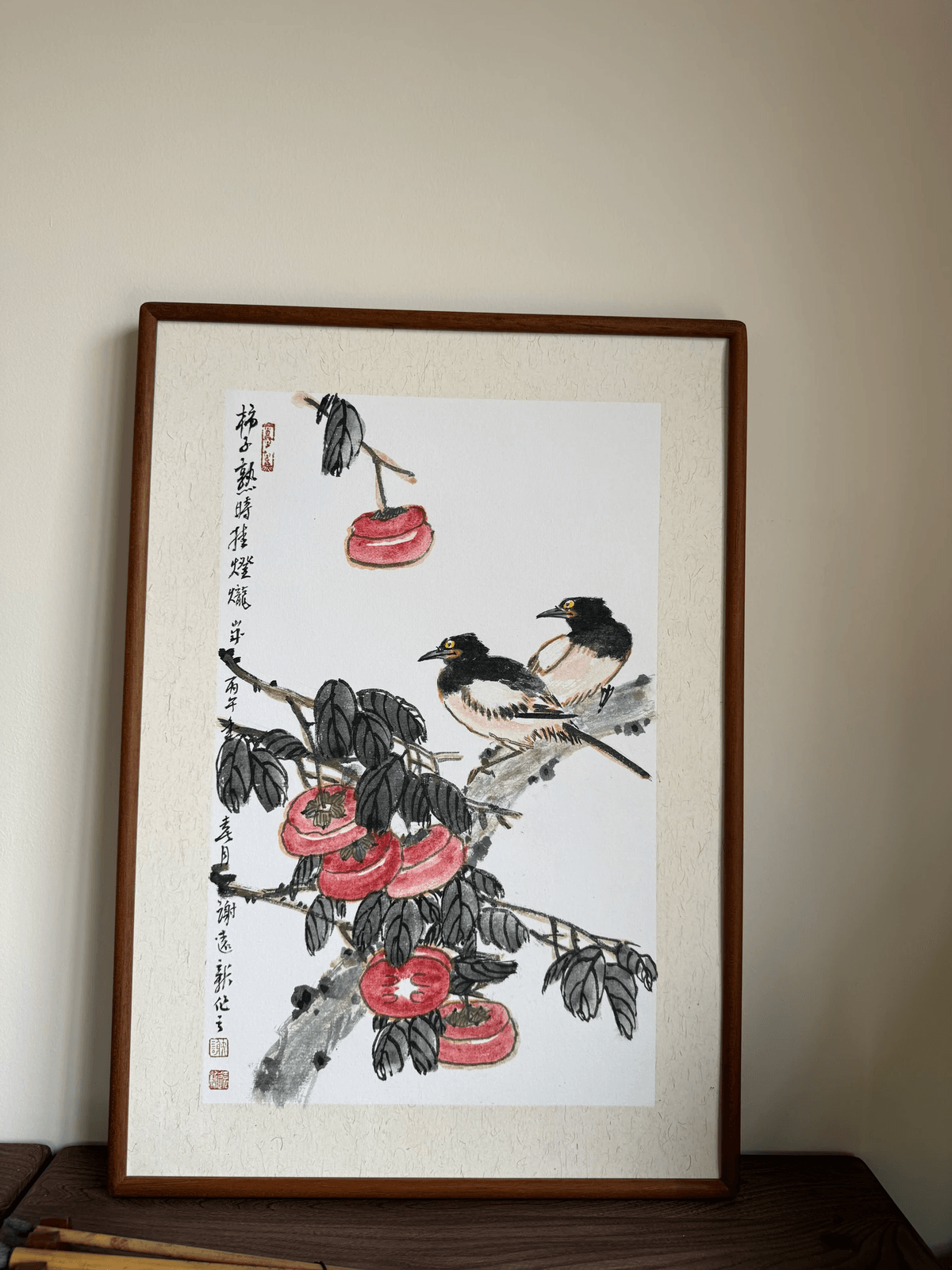 《秋枝双栖》谢远新教授原创手绘国画作品
