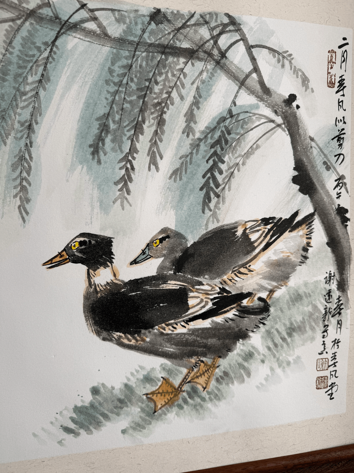 《柳岸双栖》画家谢远新教授原创手绘国画作品