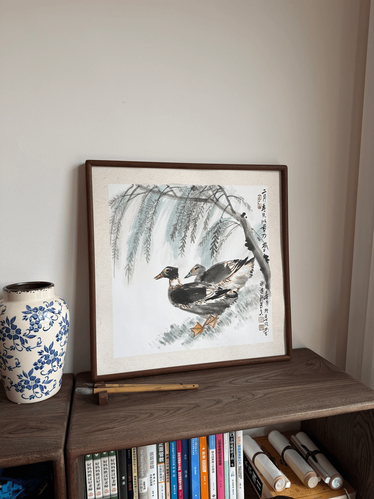 《柳岸双栖》画家谢远新教授原创手绘国画作品