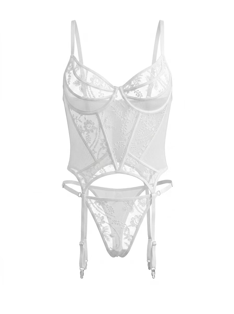WD132 (White Floral Lace Garter Lingerie Set | Bridal Sheer Underwire Intimates for Honeymoon & Dat)