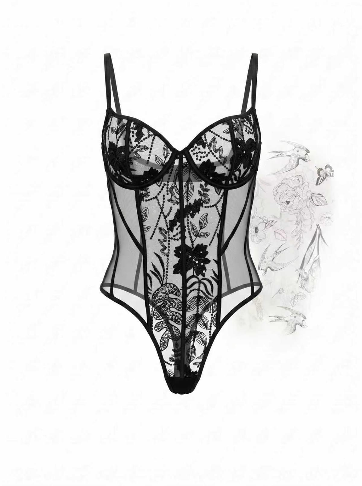 WD065 (Black Sequin Floral Lace Sheer Bodysuit | Luxury Sensual Lingerie for Vacation & Date Night)