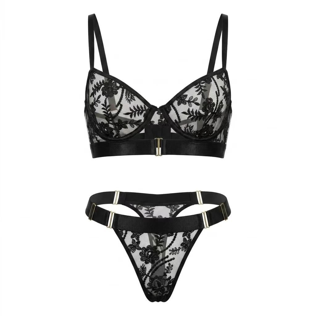 WD102 (Black Floral Lace Lingerie Set | Sheer Underwire Bra & High-Cut Panty for Date Night)