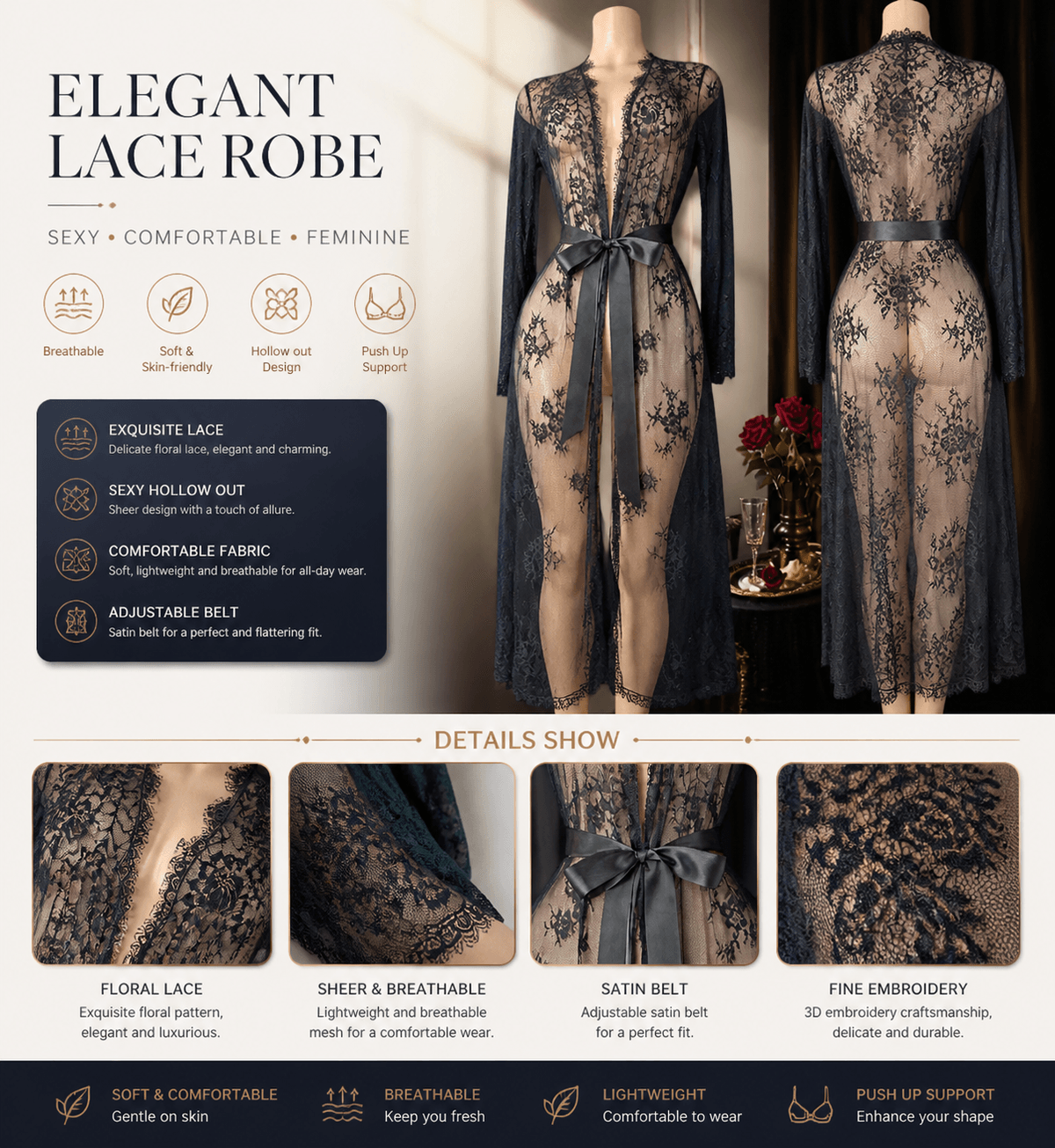 CX009 (Black Floral Lace Long Robe | Sheer Hollow-Out Lingerie Cover-Up with Adjustable Satin Belt)