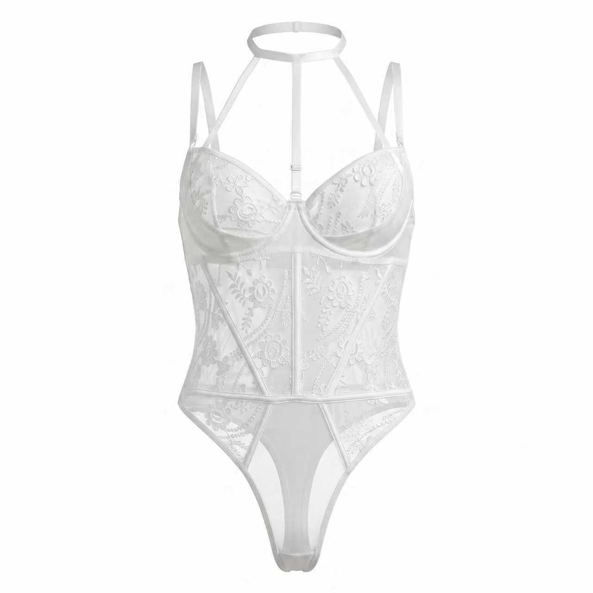 WD093 White Floral Lace Halter Bodysuit | Romantic Bridal Sheer Lingerie for Honeymoon & Date Night