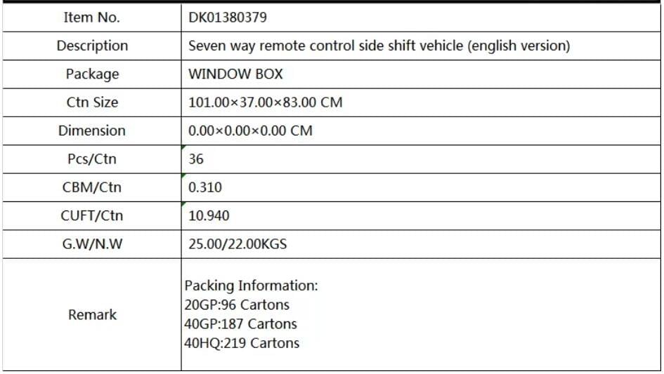 DK01380379 Qitong Remote Control Side-Moving Car (English Version)