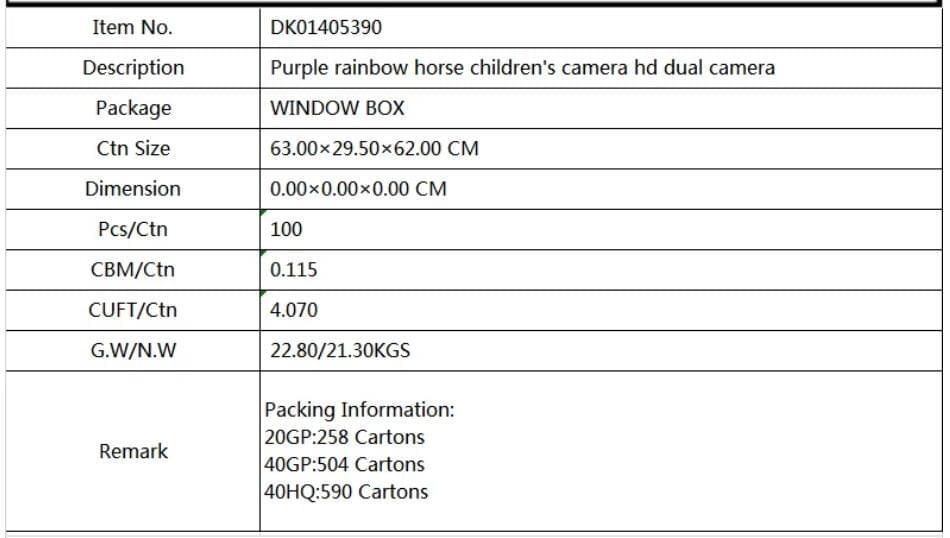 DK01405390Purple rainbow horse children's camera hd dual camera