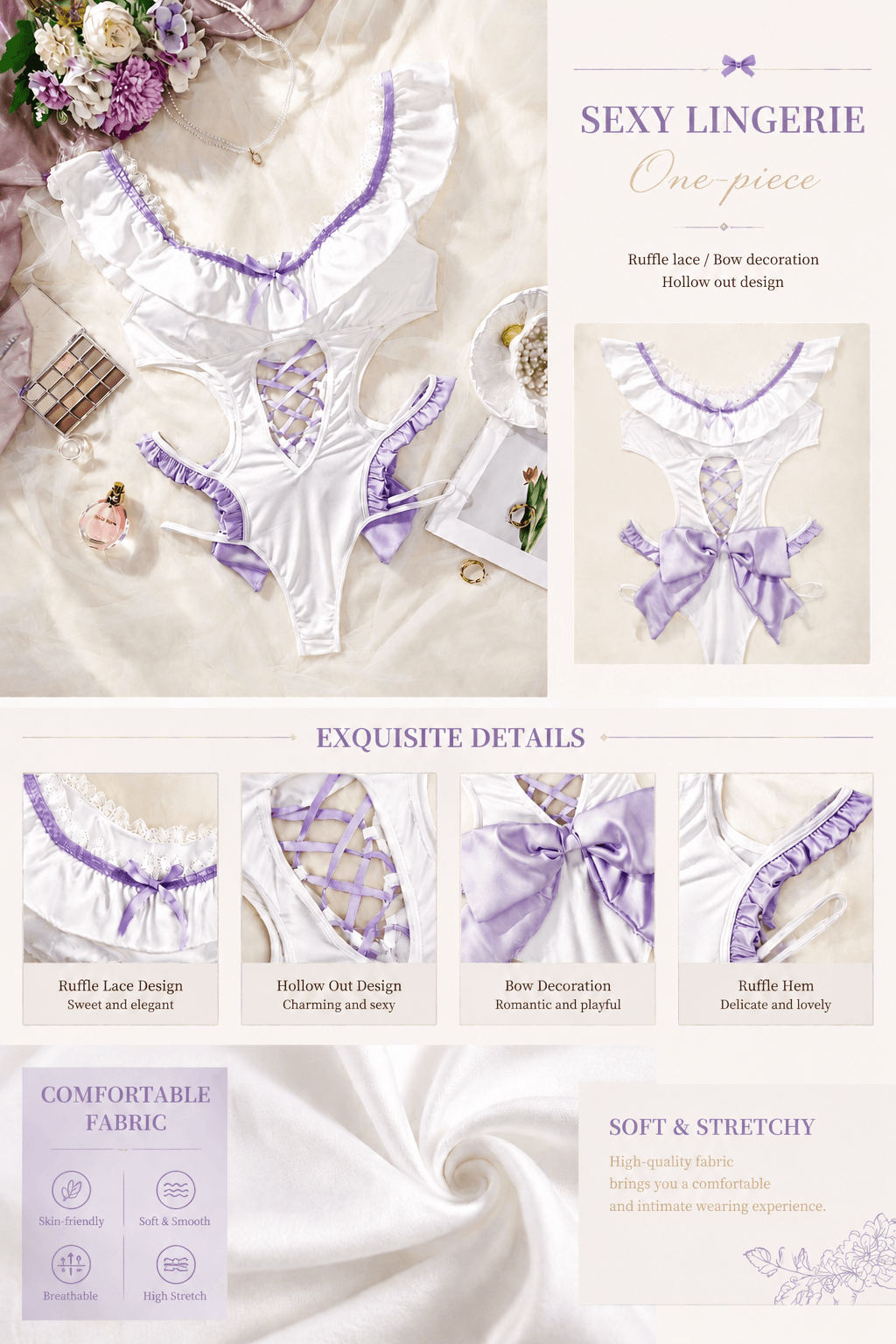 CX013 (White-Purple Ruffle Lace Hollow-Out Bodysuit | Sweet Bow Decor One-Piece Lingerie)