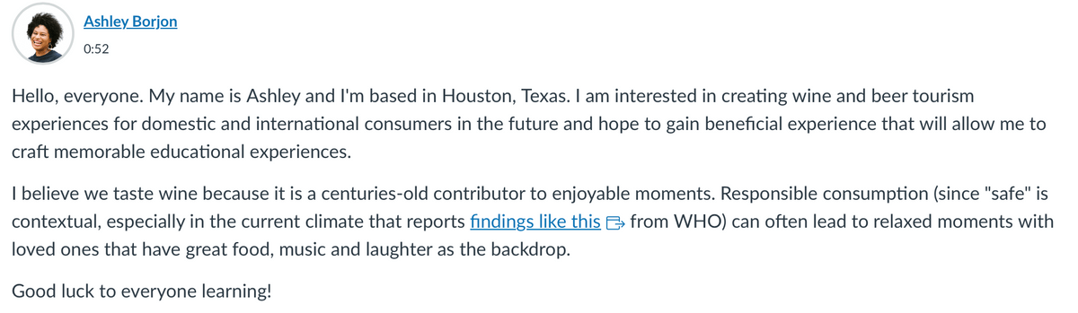 Screen shot of a discussion board introduction by the blog author in her remote WSET course. Screen shot of a discussion board introduction by the blog author in her remote WSET course.