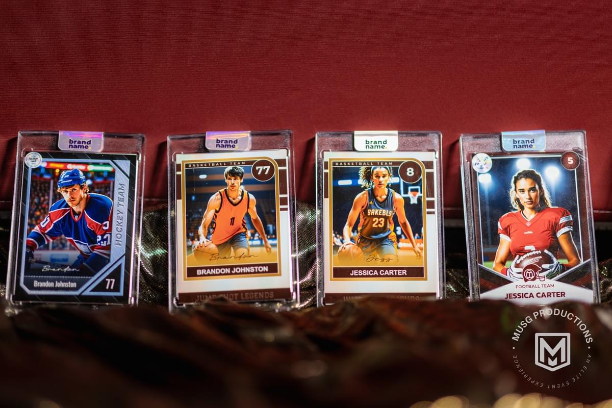 Sports Trading Cards Experience photobooth by MUSG Productions creating personalized sports card keepsakes for sports-themed parties, bar events, and fan celebrations Sports Trading Cards Experience photobooth by MUSG Productions creating personalized sports card keepsakes for sports-themed parties, bar events, and fan celebrations