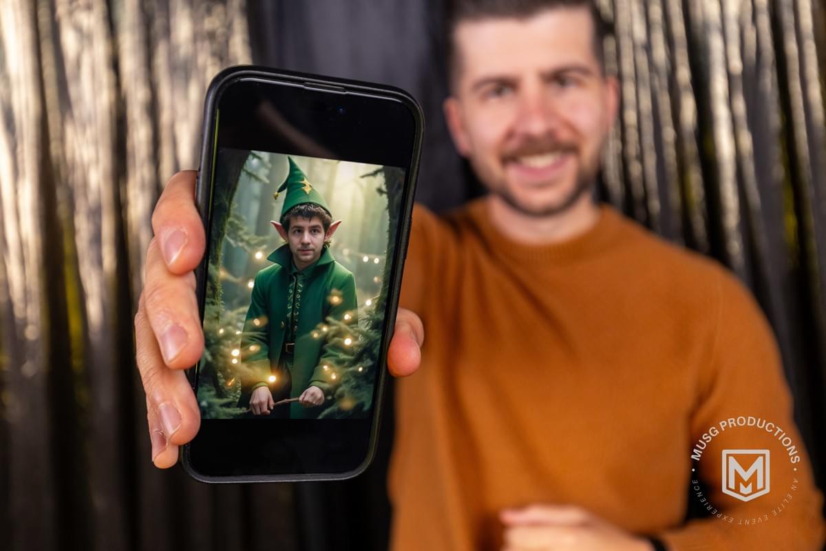 Elf Yourself Experience photobooth by MUSG Productions with guests dressed as elves, holiday costumes, and winter props for fun Christmas parties and corporate holiday events Elf Yourself Experience photobooth by MUSG Productions with guests dressed as elves, holiday costumes, and winter props for fun Christmas parties and corporate holiday events