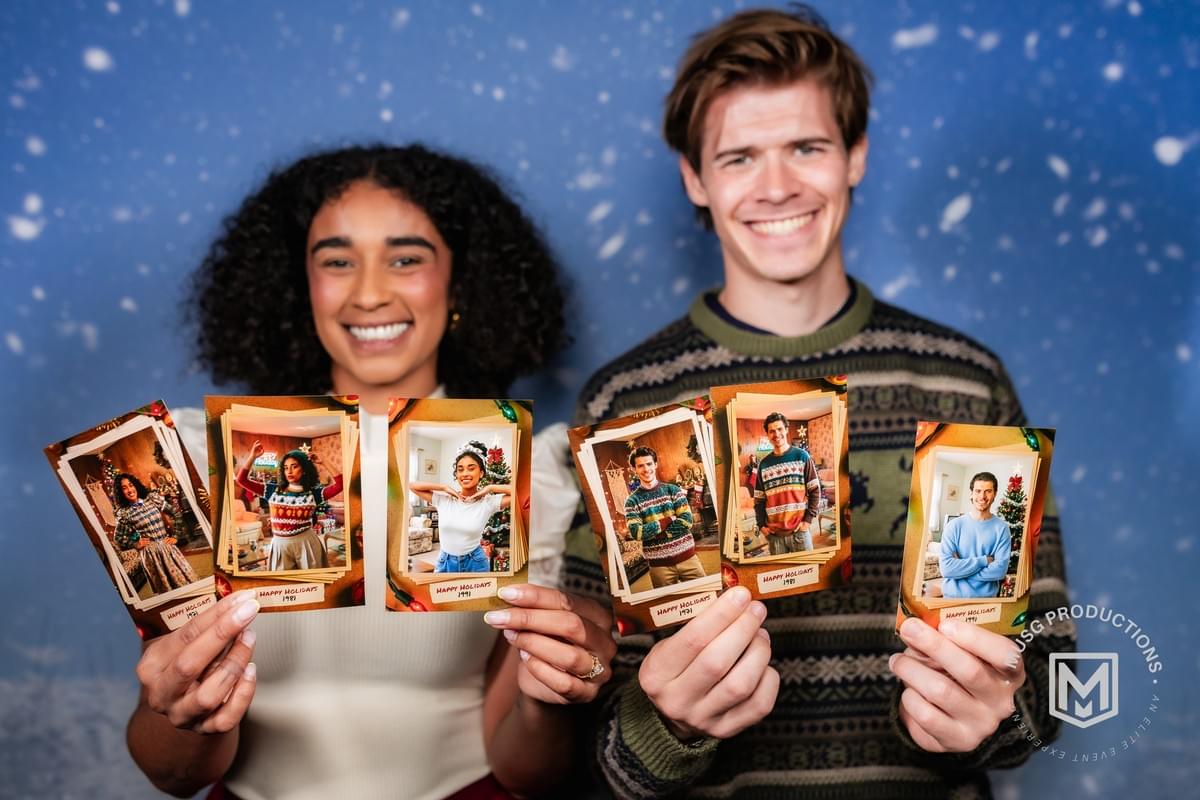 Nostalgic Holidays Experience photobooth by MUSG Productions with twinkling lights, holiday props, and classic Christmas photo setup for festive events and seasonal parties Nostalgic Holidays Experience photobooth by MUSG Productions with twinkling lights, holiday props, and classic Christmas photo setup for festive events and seasonal parties