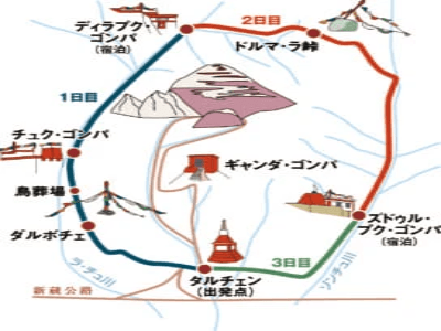 カイラス山の巡礼路は1周52km、標高は5,000m前後。2泊3日のトレッキングです。 カイラス山の巡礼路は1周52km、標高は5,000m前後。2泊3日のトレッキングです。