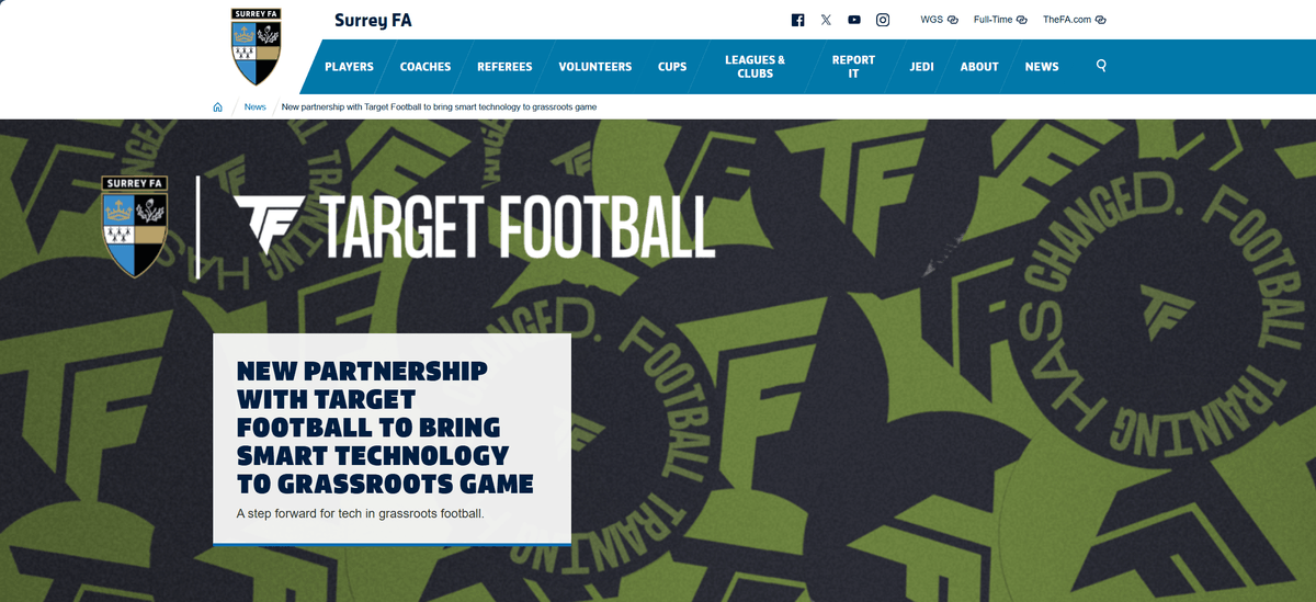 Screenshot of the Surrey FA official website announcing a new partnership with Gengee’s UK distributor, Target Football, to bring smart technology to grassroots football. Screenshot of the Surrey FA official website announcing a new partnership with Gengee’s UK distributor, Target Football, to bring smart technology to grassroots football.