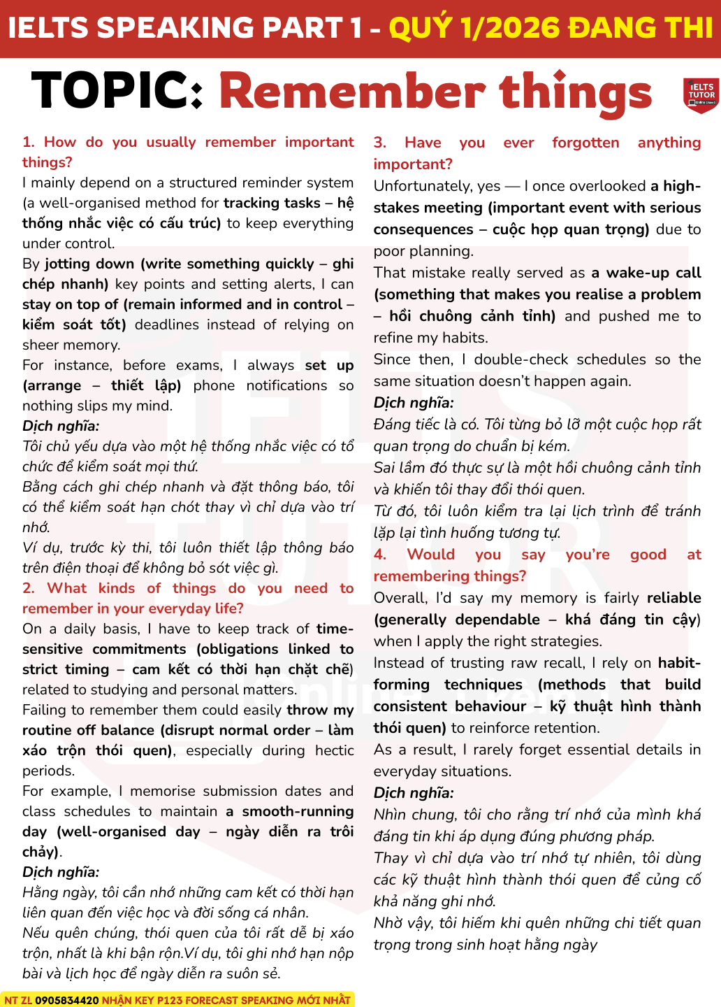 🔥Bài mẫu IELTS Speaking Part 1 chủ đề "Remembering Things" kèm từ vựng (Quý 1/2026) 🔥Bài mẫu IELTS Speaking Part 1 chủ đề "Remembering Things" kèm từ vựng (Quý 1/2026)