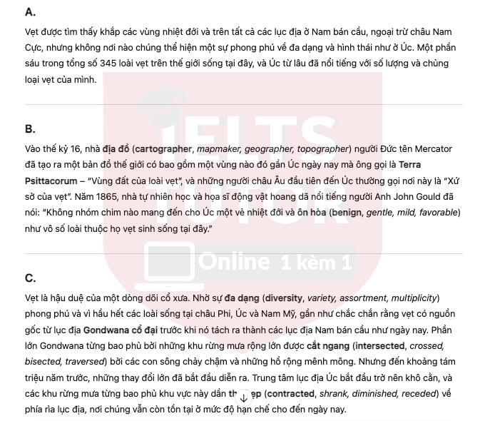 🔥Australian parrots and their adaptation to habitat change Answers with location - Đề thi thật IELTS READING- Làm bài online format computer-based, kèm đáp án, dịch & giải thích từ vựng - cấu trúc ngữ pháp khó 🔥Australian parrots and their adaptation to habitat change Answers with location - Đề thi thật IELTS READING- Làm bài online format computer-based, kèm đáp án, dịch & giải thích từ vựng - cấu trúc ngữ pháp khó