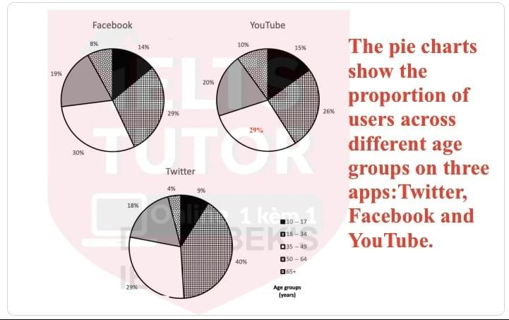 The pie charts show the proportion of users across different age groups on three apps Twitter, Facebook and YouTube The pie charts show the proportion of users across different age groups on three apps Twitter, Facebook and YouTube