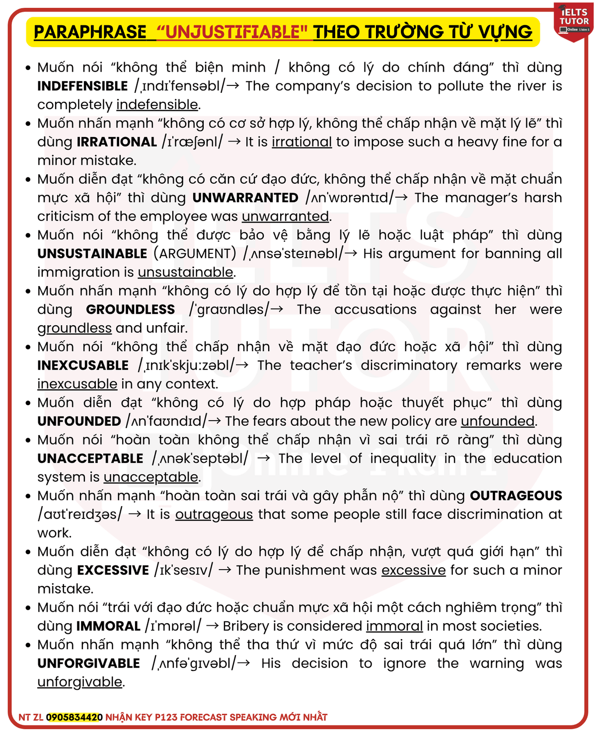 PARAPHRASE “UNJUSTIFIABLE" THEO TRƯỜNG TỪ VỰNG PARAPHRASE “UNJUSTIFIABLE" THEO TRƯỜNG TỪ VỰNG