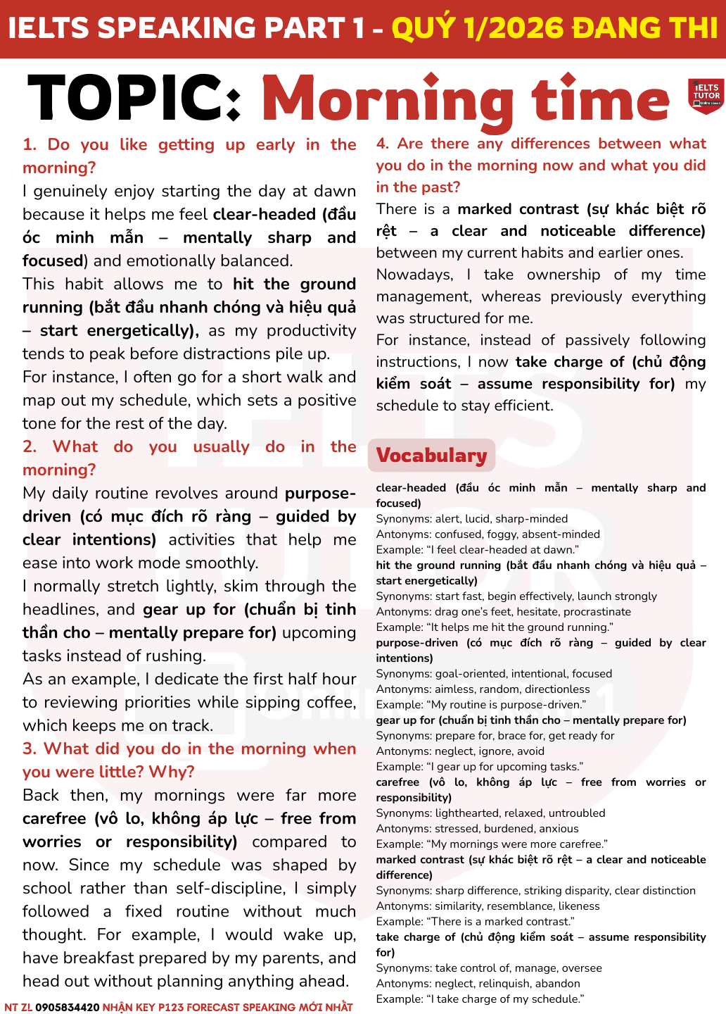 🔥Bài mẫu IELTS Speaking Part 1 chủ đề "Morning time" kèm từ vựng (Quý 1/2026) ==== 🔥 IELTS TUTOR - Luyện thi IELTS ONLINE 1 kèm 1 đảm bảo đầu ra band 6.0 - 7.0 - 8.0 (sửa bài siêu kỹ từng dấu chấm, lỗi phát âm...) 🚀 Có lớp IELTS cấp tốc (Academic & General) ==== 📩 MN AI CHƯA CÓ ĐÁP ÁN FORECAST QUÝ MỚI PART 1-2-3 NHẮN ZL 0905834420 IELTS TUTOR GỬI FREE HẾT NHA 🔥Bài mẫu IELTS Speaking Part 1 chủ đề "Morning time" kèm từ vựng (Quý 1/2026) ==== 🔥 IELTS TUTOR - Luyện thi IELTS ONLINE 1 kèm 1 đảm bảo đầu ra band 6.0 - 7.0 - 8.0 (sửa bài siêu kỹ từng dấu chấm, lỗi phát âm...) 🚀 Có lớp IELTS cấp tốc (Academic & General) ==== 📩 MN AI CHƯA CÓ ĐÁP ÁN FORECAST QUÝ MỚI PART 1-2-3 NHẮN ZL 0905834420 IELTS TUTOR GỬI FREE HẾT NHA