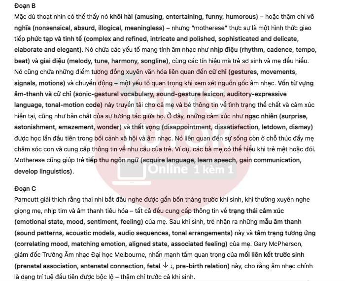 🔥The Role of Mothers in the Origins of Music answers with location - Đề luyện IELTS READING- Làm bài online format computer-based, kèm đáp án, dịch & giải thích từ vựng - cấu trúc ngữ pháp khó 🔥The Role of Mothers in the Origins of Music answers with location - Đề luyện IELTS READING- Làm bài online format computer-based, kèm đáp án, dịch & giải thích từ vựng - cấu trúc ngữ pháp khó