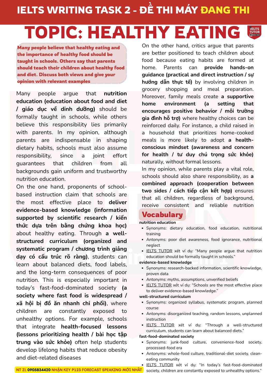 Phân tích "Many people believe that healthy eating and the importance of healthy food should be taught in schools. Others say that parents should teach their children about healthy food and diet. Discuss both views and give your opinion with relevant examples" IELTS WRITING TASK 2 Phân tích "Many people believe that healthy eating and the importance of healthy food should be taught in schools. Others say that parents should teach their children about healthy food and diet. Discuss both views and give your opinion with relevant examples" IELTS WRITING TASK 2