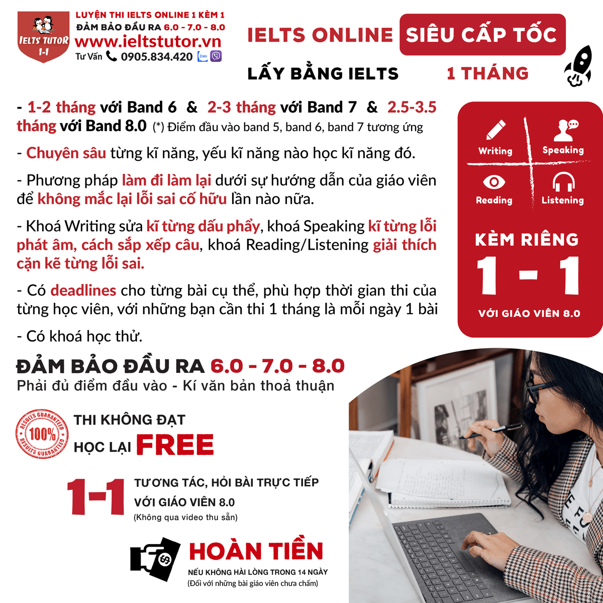 Các khóa học IELTS online 1 kèm 1 - 100% cam kết đạt target 6.0 - 7.0 - 8.0 - Đảm bảo đầu ra - Thi không đạt, học lại FREE Các khóa học IELTS online 1 kèm 1 - 100% cam kết đạt target 6.0 - 7.0 - 8.0 - Đảm bảo đầu ra - Thi không đạt, học lại FREE