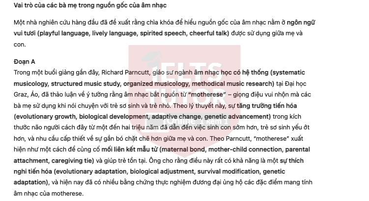 🔥The Role of Mothers in the Origins of Music answers with location - Đề luyện IELTS READING- Làm bài online format computer-based, kèm đáp án, dịch & giải thích từ vựng - cấu trúc ngữ pháp khó 🔥The Role of Mothers in the Origins of Music answers with location - Đề luyện IELTS READING- Làm bài online format computer-based, kèm đáp án, dịch & giải thích từ vựng - cấu trúc ngữ pháp khó