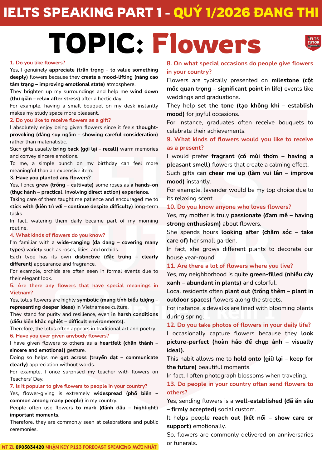 🔥Bài mẫu IELTS Speaking Part 1 chủ đề "flowers" kèm từ vựng (Quý 1/2026) 🔥Bài mẫu IELTS Speaking Part 1 chủ đề "flowers" kèm từ vựng (Quý 1/2026)