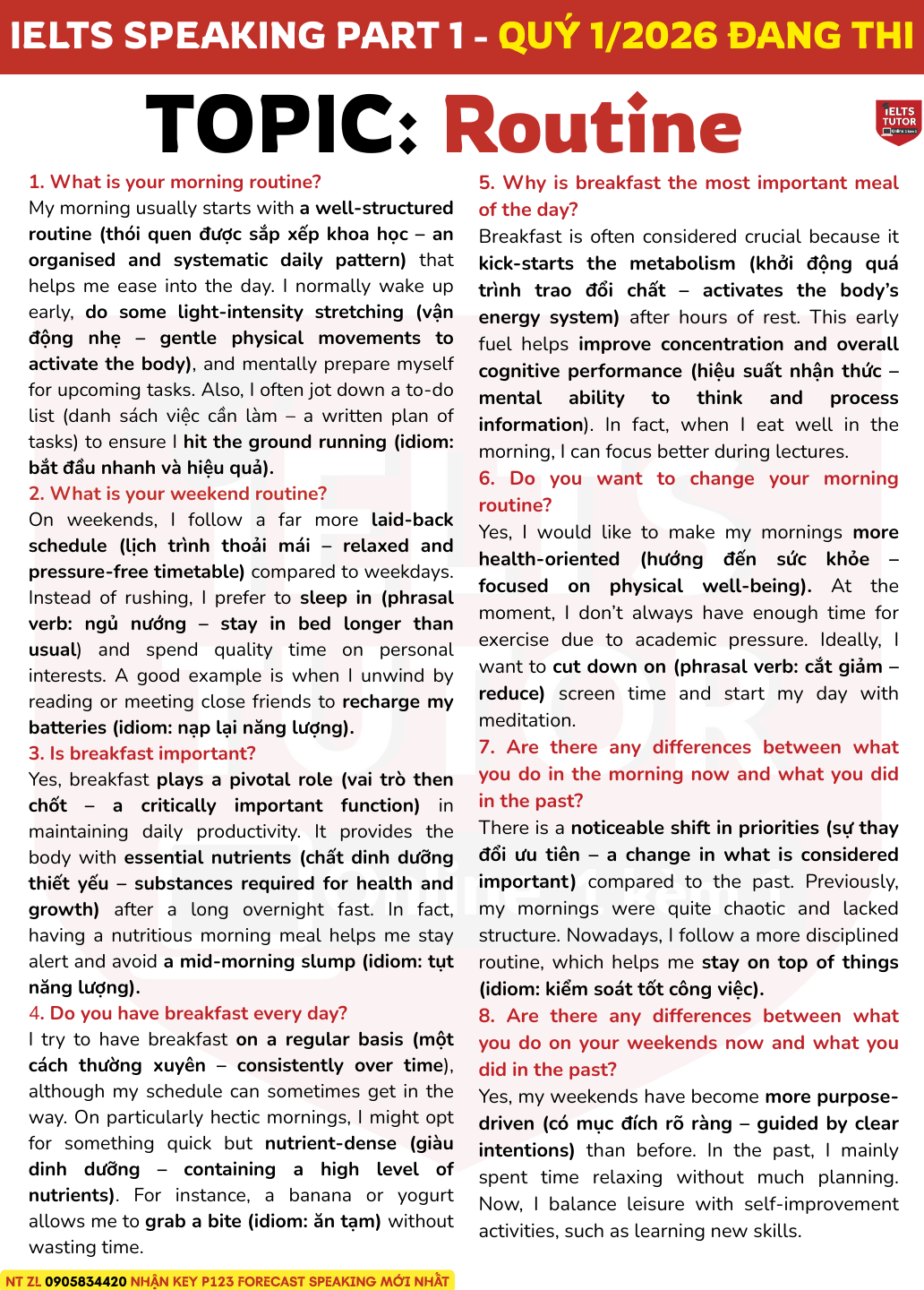 🔥Bài mẫu IELTS Speaking Part 1 chủ đề "routine" kèm từ vựng (Quý 1/2026) 🔥Bài mẫu IELTS Speaking Part 1 chủ đề "routine" kèm từ vựng (Quý 1/2026)