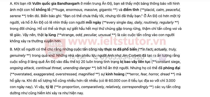 Why are so few tigers man-eaters? Answers with location - Đề thi thật IELTS READING Why are so few tigers man-eaters? Answers with location - Đề thi thật IELTS READING