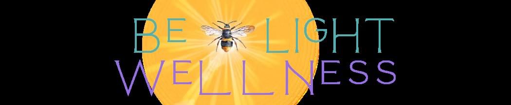 A bright sun with a bee surrounded by the text Be Light Wellness A bright sun with a bee surrounded by the text Be Light Wellness