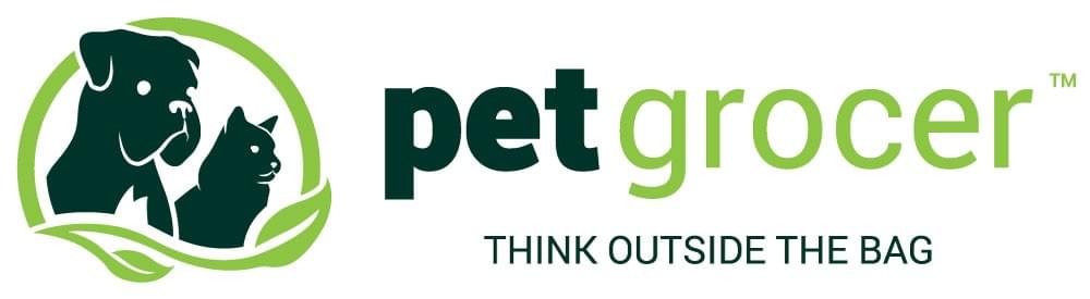 A drawing of a boxer dog and domestic cat beside the words Pet Grocer and the tagline Think Outside the Bag A drawing of a boxer dog and domestic cat beside the words Pet Grocer and the tagline Think Outside the Bag