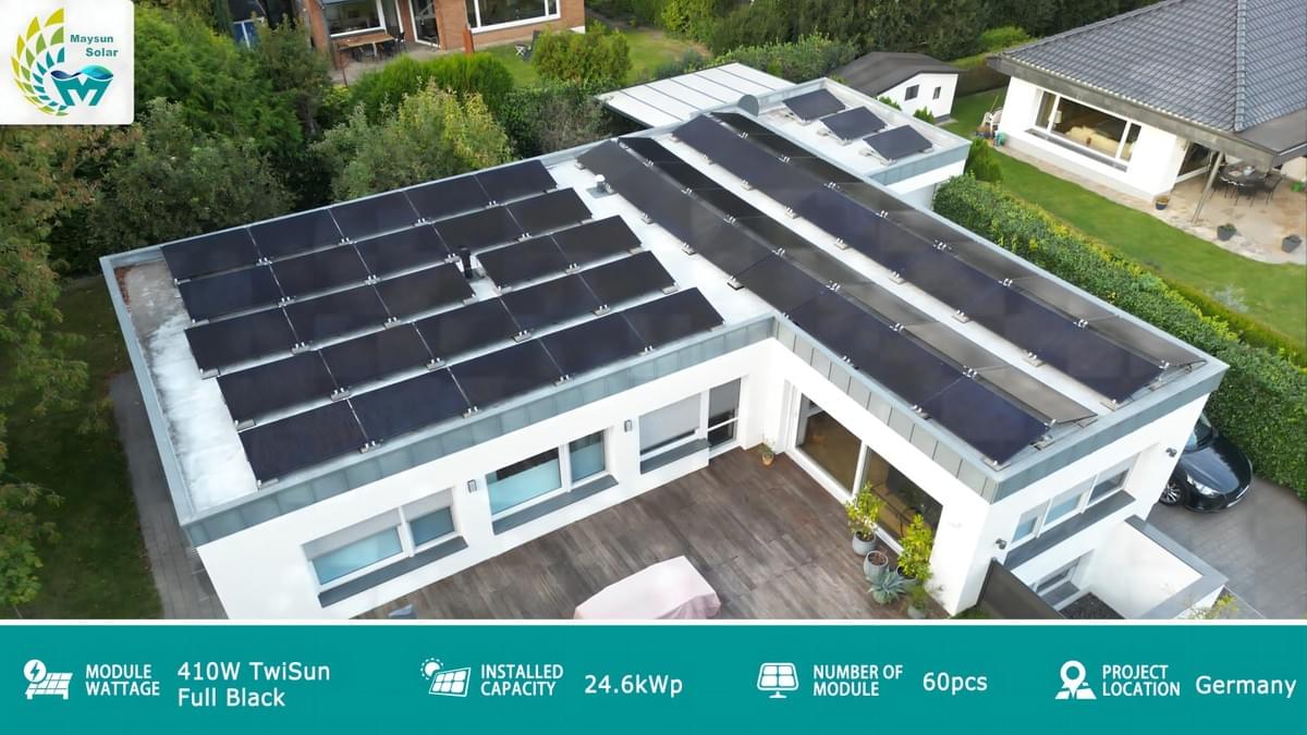 Maysun Solar TwiSun dubbelglas bifacial helsvart 390W-410W MONO PERC 210mm 120 celler solpanel Maysun Solar TwiSun dubbelglas bifacial helsvart 390W-410W MONO PERC 210mm 120 celler solpanel