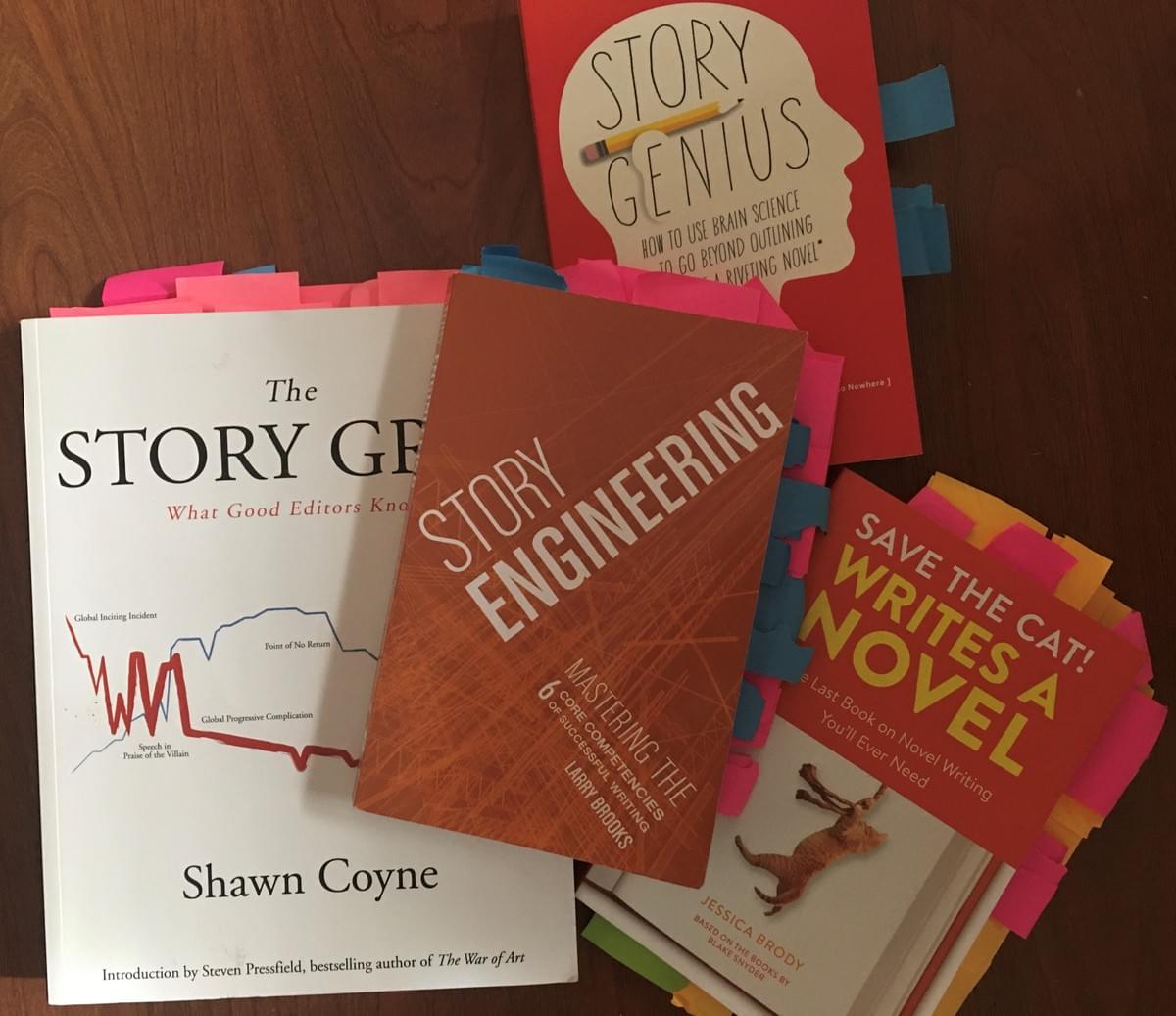Story Grid, by Shawn Coyne, Story Engineering, by Larry Brooks, Save the Cat! Writes a Novel, by Jessica Brody adn Story Genius, by Lisa Cron Story Grid, by Shawn Coyne, Story Engineering, by Larry Brooks, Save the Cat! Writes a Novel, by Jessica Brody adn Story Genius, by Lisa Cron