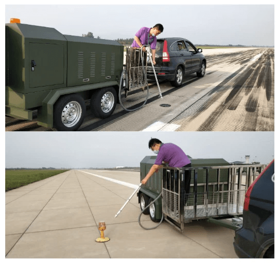 Surface friction test equipment being used on a runway Surface friction test equipment being used on a runway