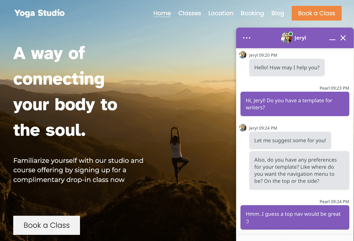 Joogastudiomalli Live Chat -tukitoiminnolla Joogastudiomalli Live Chat -tukitoiminnolla