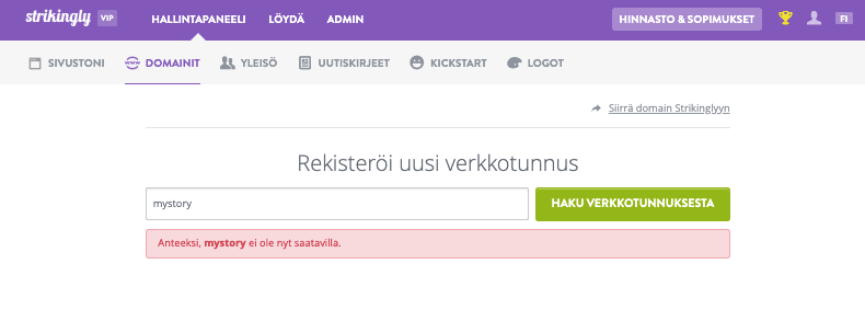 Valitse verkkotunnus Strikingly-sovelluksella - Syötä haluamasi nimi Valitse verkkotunnus Strikingly-sovelluksella - Syötä haluamasi nimi