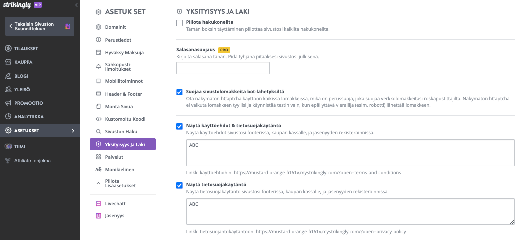 Strikingly-tietosuojakäytännön määrityssivu Strikingly-tietosuojakäytännön määrityssivu