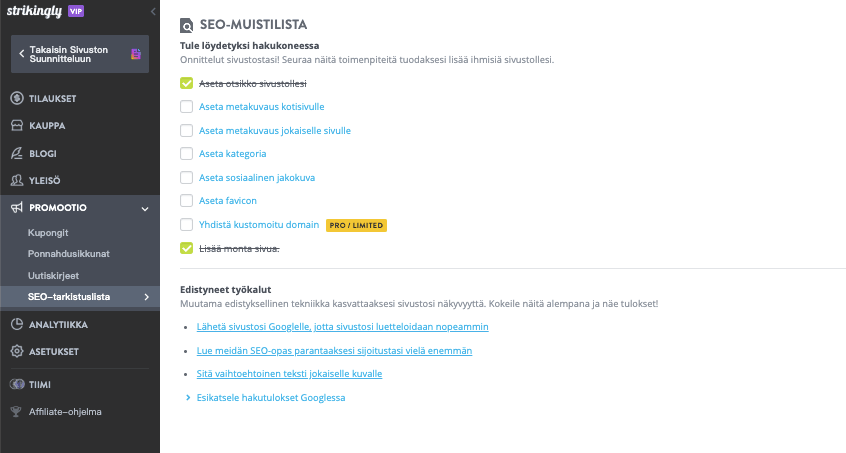 Strikingly SEO -tarkistuslista Strikingly SEO -tarkistuslista