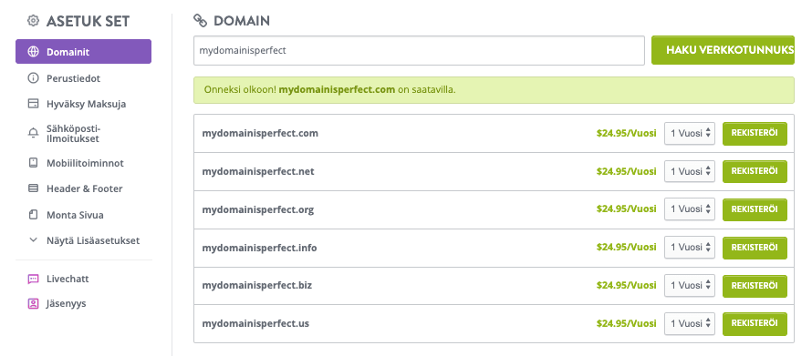 Verkkotunnuksen valintasivu Verkkotunnuksen valintasivu