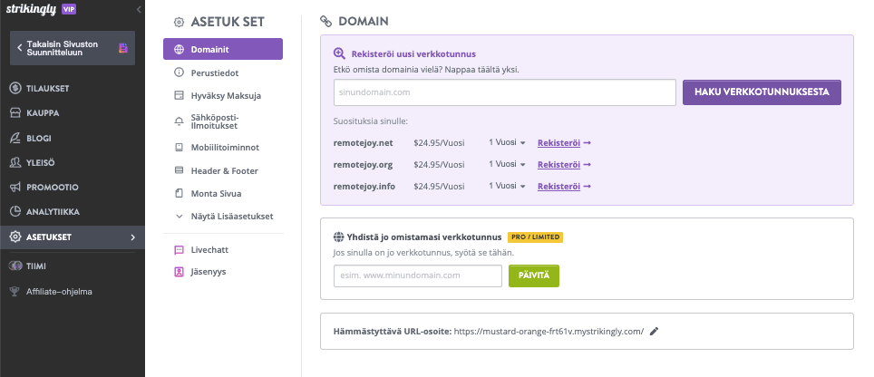 Valitse verkkotunnus Strikingly-sovelluksella - Siirry verkkotunnuksen rekisteröintisivulle - Asetukset Valitse verkkotunnus Strikingly-sovelluksella - Siirry verkkotunnuksen rekisteröintisivulle - Asetukset