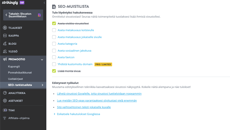 Strikingly SEO -tarkistuslista Strikingly SEO -tarkistuslista