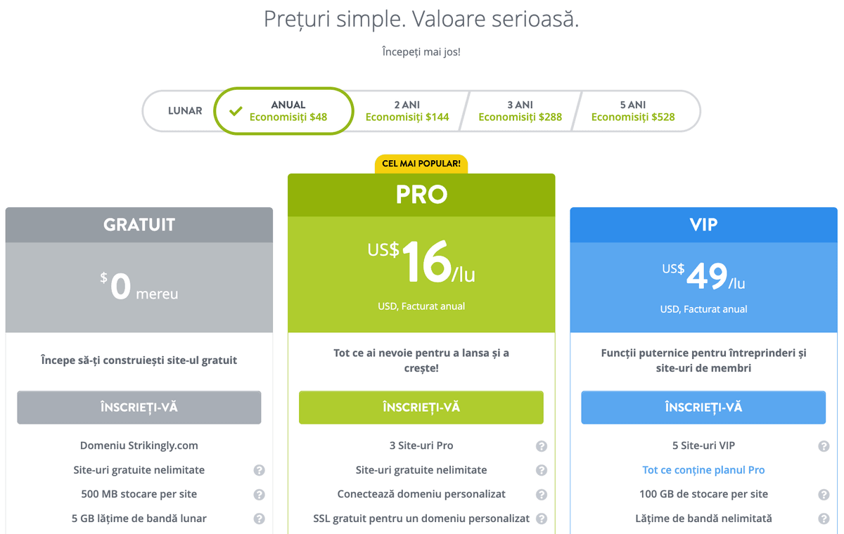 Pagina de prețuri Strikingly Pagina de prețuri Strikingly