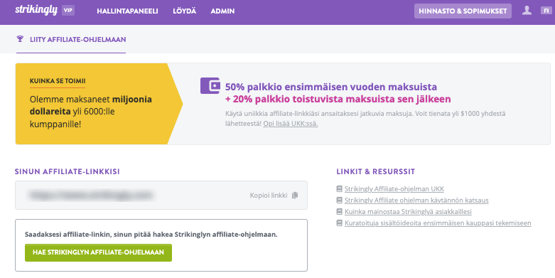 Strikingly Affiliate-ohjelman rekisteröitymissivu Strikingly Affiliate-ohjelman rekisteröitymissivu