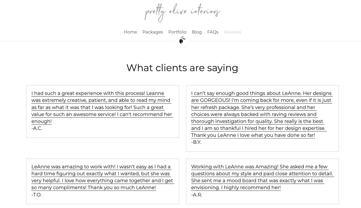 Sekce klientských referencí od Pretty Olive Interiors Sekce klientských referencí od Pretty Olive Interiors