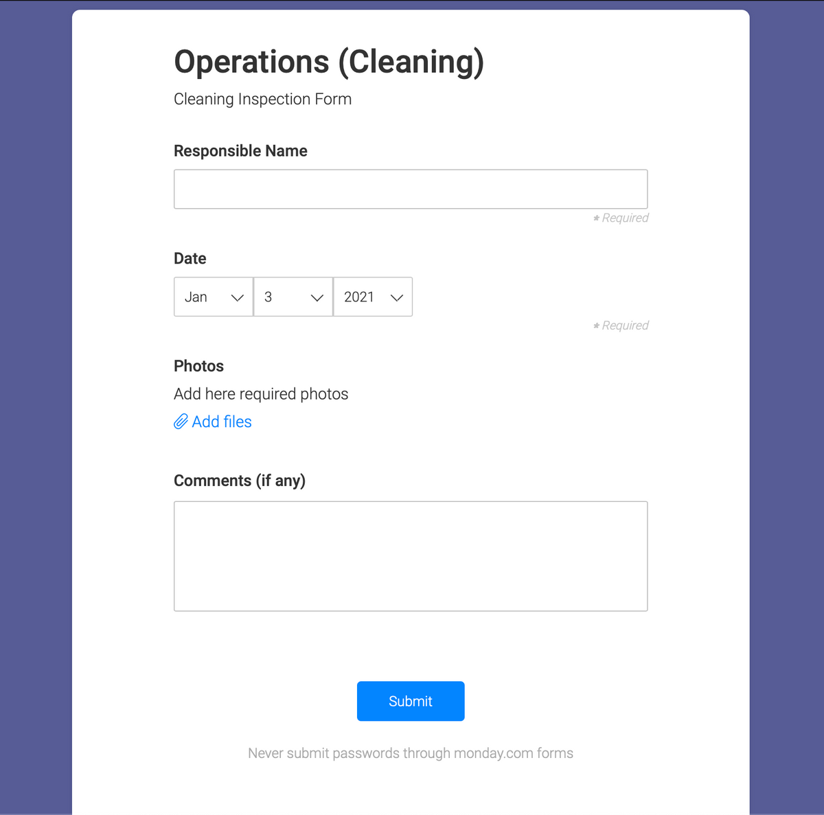 a form that cleaning team has to fill in and upload the photos as a proof of work a form that cleaning team has to fill in and upload the photos as a proof of work